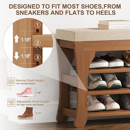 PETKABOO 39.4" Shoe Storage Bench with Cushion, 3-Tier Shoe Rack Bench with Adjustable Shelf, 400 LB Capacity, Boot Storage Compartment, Shoe Organizer for Entryway, Hallway, Bedroom, Closet