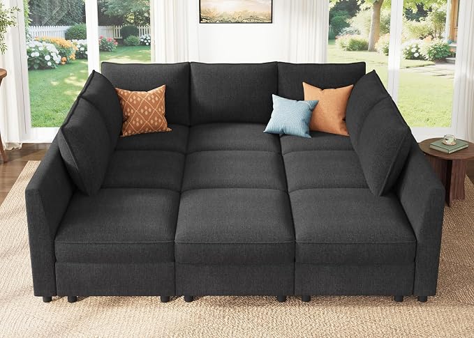 HONBAY Modular Sectional Sleeper Sofa with Storage, Modular Convertible Sectional Couch Bed Module Sleeper Couches for Living Room - Linen Grey
