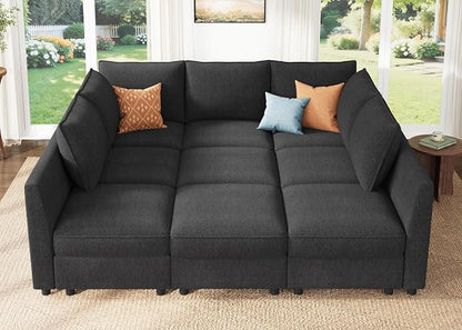 HONBAY Modular Sectional Sleeper Sofa with Storage, Modular Convertible Sectional Couch Bed Module Sleeper Couches for Living Room - Linen Grey