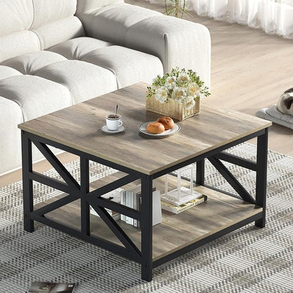 GreenForest Living Room Coffee Table with 2 Tier Storage | X Metal Frame Square Center Table with Seamless One-Piece Tabletop,27.55 inch Sofa Table,Scratch-resistant,Gray Wash