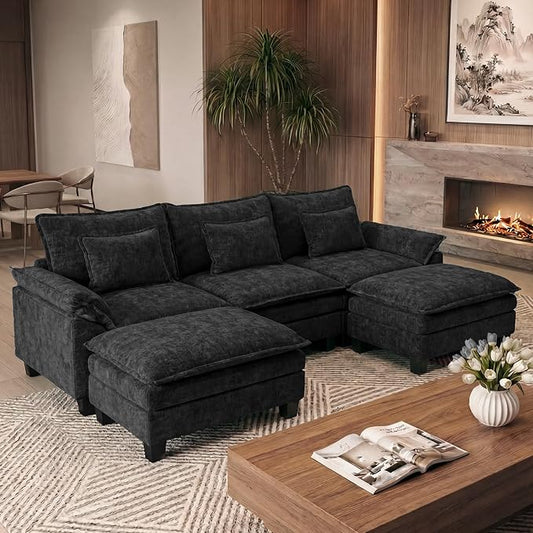 URRED Oversized Modular Sectional Sofa, 122" U Shaped Modern Comfy Cloud Couch with Movable Ottoman & Pillows, Deep Seat Couches for Living Room, Bedroom or Apartment (Chenille Black, 122" U Shaped)