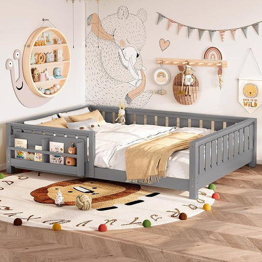 Bellemave Queen Size Floor Bed with Slats and Safety Guardrail, Queen Size Montessori Floor Bed with Fence and Built-in Bookshelf, Easy Assemble Montessori Beds for Girls, Boys, Gray