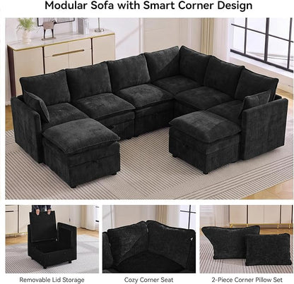 105" Black Modular Storage Sofa, U Shaped Chenille Couch with 2 Ottomans | Oversized Convertible Sectional Sofa, 6-Seat Sectional Couch With 2 Ottomans, Large Cloud Couch For Living Room, Apartment.