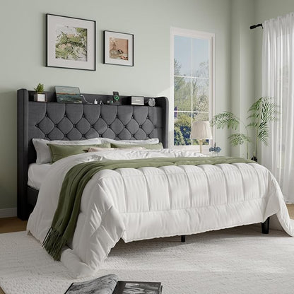 SHA CERLIN Queen Platform Bed Frame with Charging Station, Linen Wingback Headboard with Storage Shelf, Wooden Slats Support, Ample Under-Bed Space, No Box Spring Needed, Easy Assembly, Dark Grey