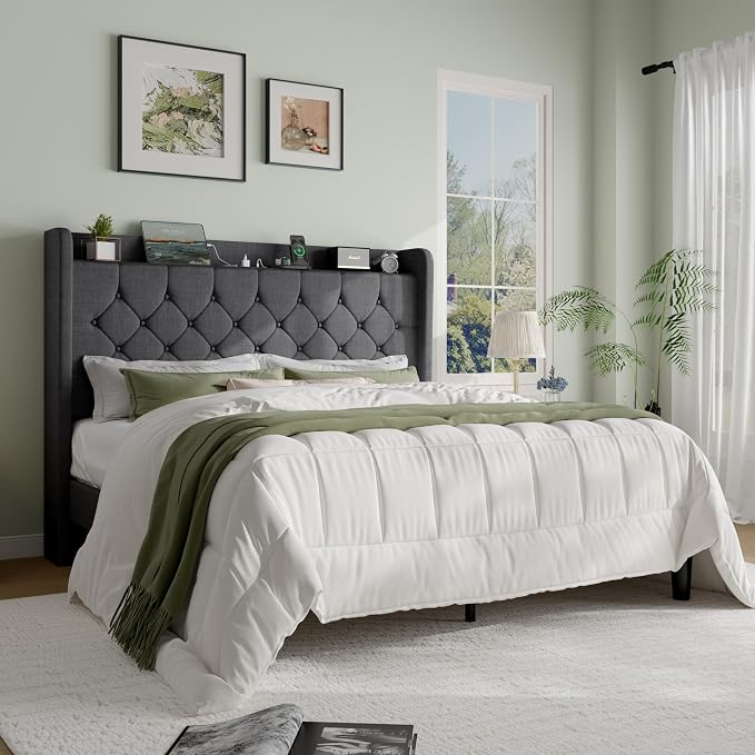 SHA CERLIN Full Size Platform Bed Frame with Charging Station, Linen Wingback Headboard with Storage Shelf, Wooden Slats Support, Ample Under-Bed Space, No Box Spring Needed, Easy Assembly, Dark Grey