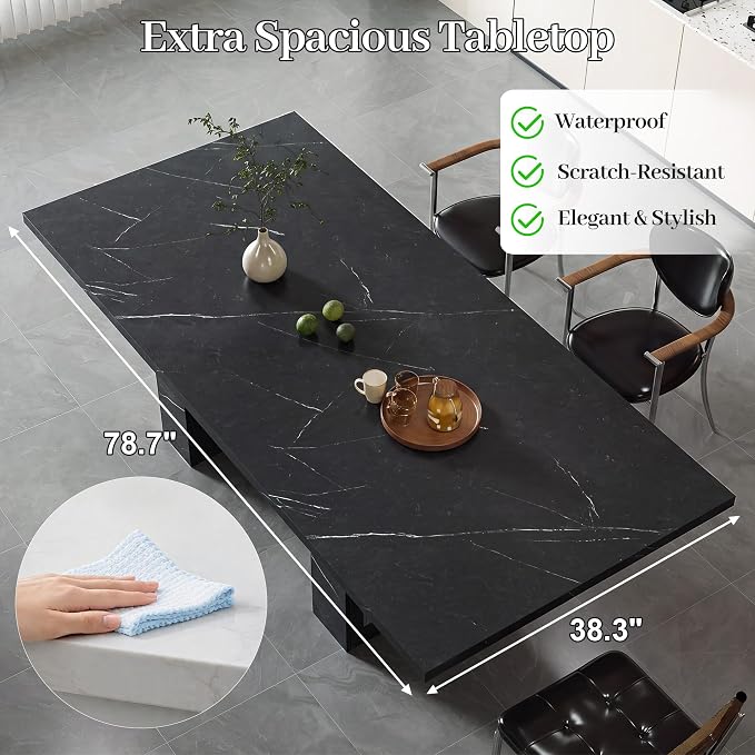 51"-78" Extendable Dining Table for 4-8, Black Faux Marble Kitchen Table | Modern Dining Room Table with Hidden Storage, Rectangle Dinner Tables for Dining Room Kitchen Living Room (Black Marble)