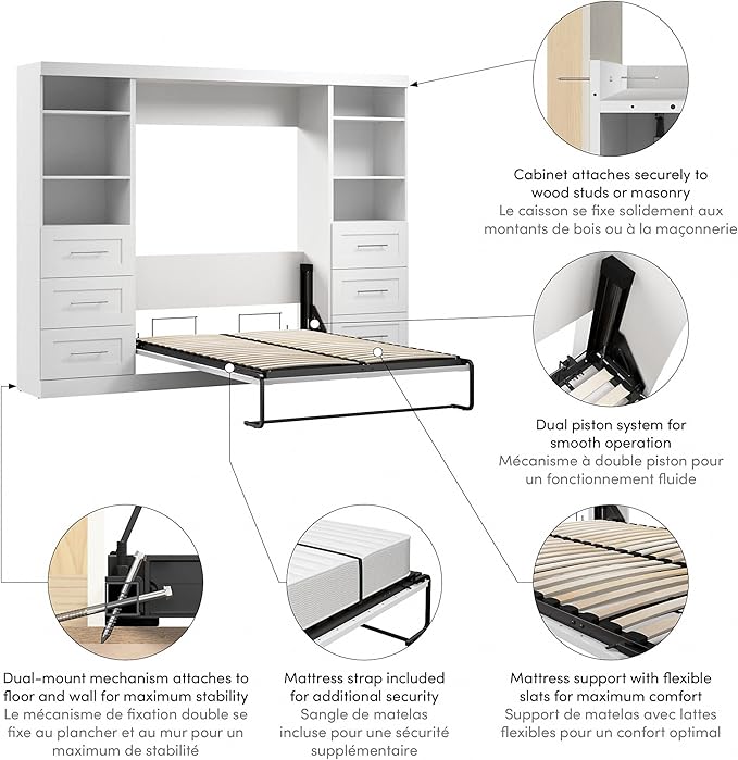 Bestar Pur Full Murphy Bed and 2 Shelving Units with Drawers, 109-inch Space-Saving Sleeping Arrangement in White