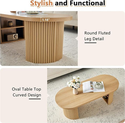 Oval Fluted Coffee Table, 47" Farmhouse Wood Coffee Table Mid Century Modern Center Table Boho Living Room Tables for Living Room Office,Natural
