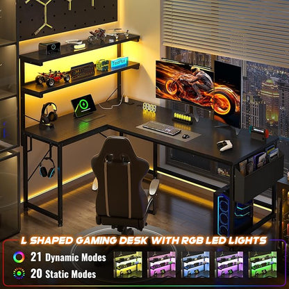DurayLoly 53 Inch L Shaped Desk Gaming Desk with LED Light & 5 Power Outlet, Reversible Computer Desk with Shelf & Storage Bag Gamer Corner Desk with Headphone Hook for Gaming Room,Small Space,Black