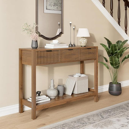 Nasonet Fluted Console Table, Wooden Sofa Table with Storage and Drawers, Farmhouse Behind Couch Table Entryway Table for Entrance, Hallway, Living Room, Brown
