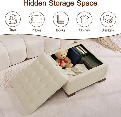 WUTUTUEE 30" Fabric Square Storage Ottoman with Wooden Tray, Modern Tufted Button Footstool Coffee Table, Upholstered Large Ottoman for Living Room, Bedroom, Khaki