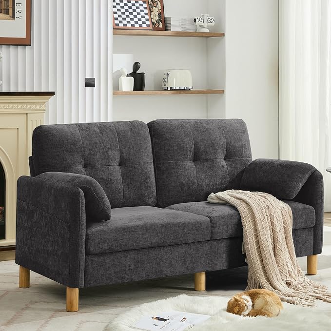 WUTUTUEE 65" Chenille Loveseat Sofa, Modern 2-Seater Love Seat Couch with Armrest Pillows, Storage Pockets, Easy Assembly, Upholstered Tufted Loveseat Couches for Living Room Bedroom, Dark Grey