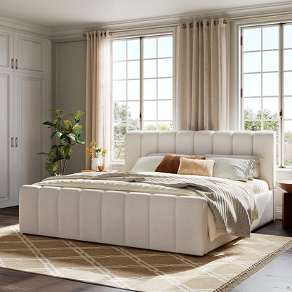 Merax King Size Upholstered Platform Bed with Thick Headboard and Footboard, Block Style Linen Fabric Bed Frame with Solid Wood Legs, Beige