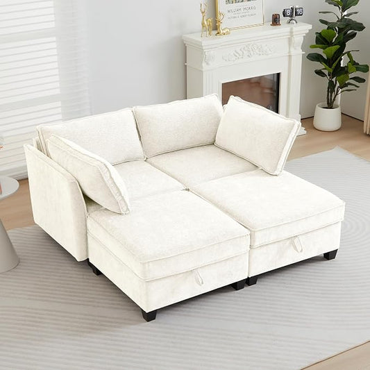 ORRD Sleeper Modular Sectional Sofa Set, Convertible Couch Bed with Storage, 4 Seater and 2 Armrestes Sofa Modular for Living Room, Office (Beige)