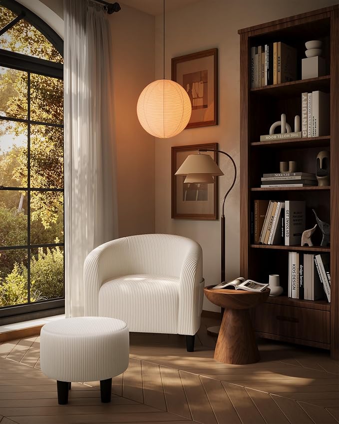 GarveeHome Accent Chair with Ottoman, Corduroy Barrel Chair for Living Room, Comfy Armchair with Footrest for Small Spaces, Reading Nook Chair, Beige