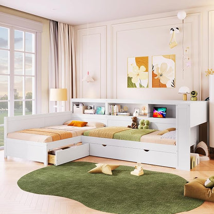 Bellemave L Shaped Corner Bed for 2 Kids, Double Twin Platform BedFrame with Trundle and 5 Storage Shelves, Charging Station, White