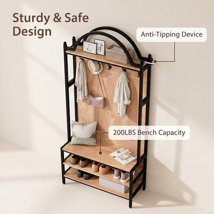 72" Farmhouse Hall Tree with Bench and Shoe Storage, Entryway Coat Rack with 5 Hooks, Arched Hall Tree with Shoe Rack Organizer, Rustic Wood & Metal Frame for Entryway, Mudroom, Foyer