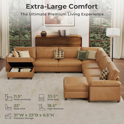 SITJOY Large Cloud Couch, 138" Wide 7 Seater V Shape, Faux Leather in Brown | Pet-Friendly Scratch-Resistant Leather Sectional Sofas for Living Room, Deep Seat Wide Couch with Chaise, Storage Ottoman