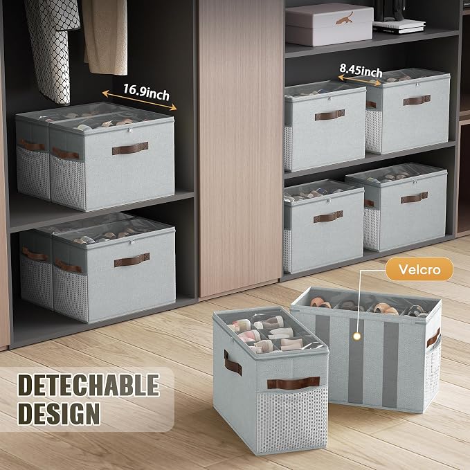 Budding Joy 2 Pack Shoe Organizer for Closet, Clear Foldable Shoe Storage Containers Adjustable Dividers Fits 16 Pairs,Shoe Storage Bins Baskets Boxes with Reinforced Handles Light grey | Farbic shoe storage organizer box bin with clear cover, fits up ...