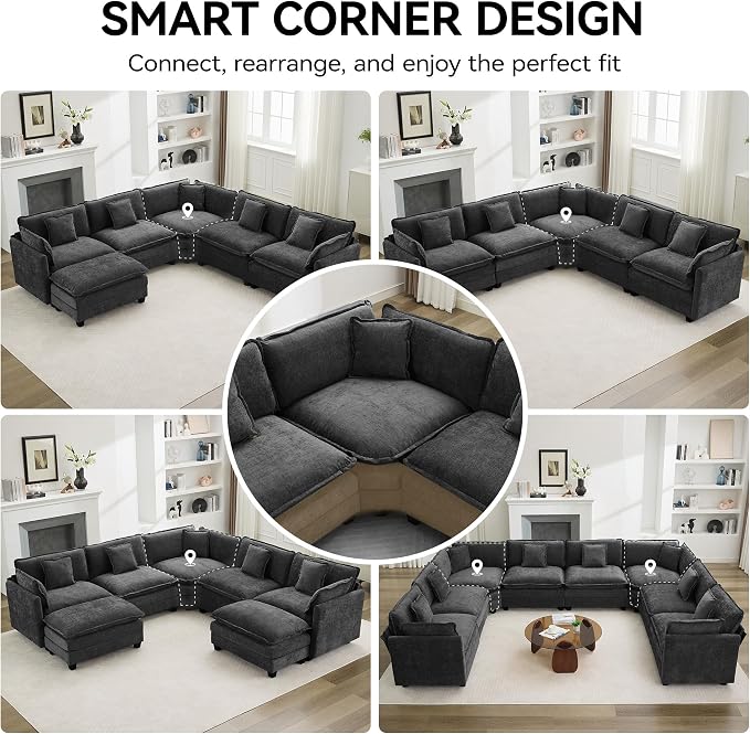 147'' Oversized U Shaped Cloud Sectional Sofa, Chenille Deep Seat Couches for Living Room, Comfy Upholstered Modular Sectional Sofa Couch, Dark Grey
