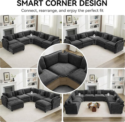 147'' Oversized U Shaped Cloud Sectional Sofa, Chenille Deep Seat Couches for Living Room, Comfy Upholstered Modular Sectional Sofa Couch, Dark Grey