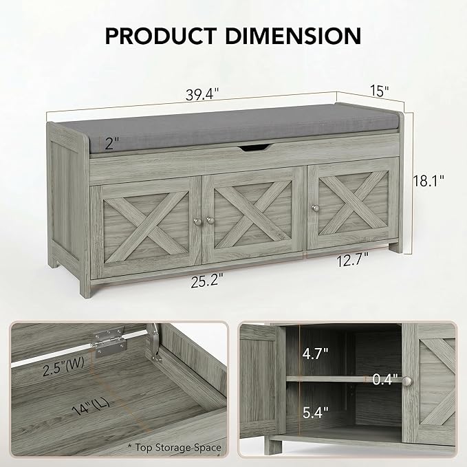 Marsail Shoe Storage Bench with Seating, Farmhouse Entryway Bench with Shoe Storage and Cushion, Under Window Benches Wooden Ottoman for Bedroom, Entry Way, Living Room, Grey