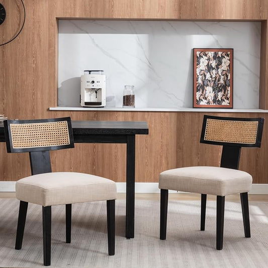 RIVOVA Rattan Dining Chairs Set of 2, Modern Dining Chairs Kitchen Dining Room Chair, Curved Cane Back Upholstered Linen Fabric Dining Chair with Black Wood Frame, Beige