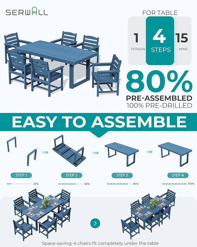 SERWALL HDPE Outdoor Dining Set for 6, 67'' Patio Table and Chairs Set | with Armchair Seat