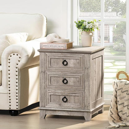 Joaxswe 18" Farmhouse Night Stand with 3 Drawers, Wood End Table Dresser for Bedroom, Retro Oak Nightstand, Bed Side Table with Metal Handle, Bedside Cabinet for Bedroom Living Room, Closet