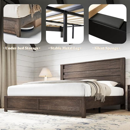 AMERLIFE 2-Piece Farmhouse Bedroom Set, King Size Bed Frame and 6 Drawer Dresser, Platform Bed with 49" Fluted Headboard, 54" Wide Wood Chest of Drawer for Bedroom, Grey