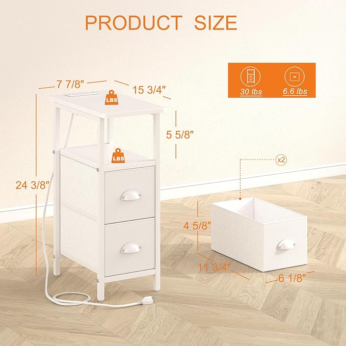 sthmec Narrow End Table with Charging Station, Narrow Side Table with 2 Fabric Drawers, LED End Table, Slim Nightstand with LED Light, Small Side Table for Small Spaces, Living Room, Bedroom, White