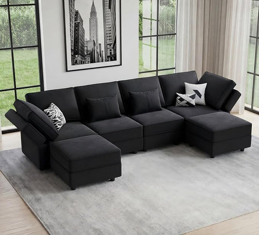 Vesgantti Sectional Couches with Storage Seats, 118" L Shaped Convertible Modular Sectional Sofa, 4 Seat & 2 Ottomans Velvet Storage Chaises Deep Seat Couch for Living Room, Bedroom, Apartment, Black