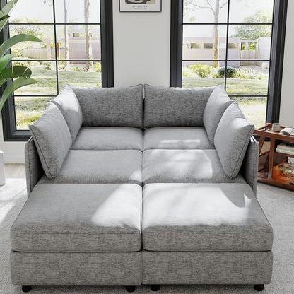 129-Inch U-Shaped 6 Seat Modular Sofa Deep Seat Storage Sectional Sofa Couch Free Combination with Movable Ottomans ,6 Seat Chenille Upholstered U-Shaped Convertible Sleeper Couch for Home Apartment | Space Saving