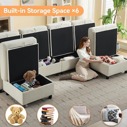 WUTUTUEE 107”Modular Sectional Sofa Convertible U Shaped Sofa Couch Set with Storage for Living Room, Modern 6 Seater Modular Sectional Couch with Movable Ottoman, Chenille(Beige)