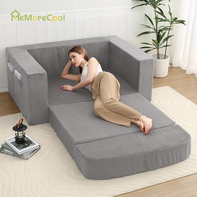 MeMoreCool Convertible Sofa Bed, Pull Out Loveseat Sleeper Sofa, Small Boneless Cloud Couch Bed for Adults, Fold Out Foam Love Seat, Corduroy Folding Floor Couch for Bedroom, Light Grey