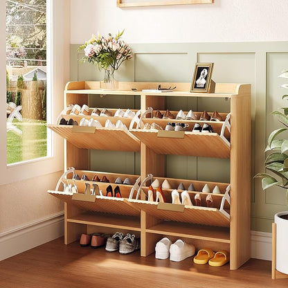 VINGLI 43.5" Large Oak Fluted Shoe Storage Cabinet with 4 Flip Drawers, Slim Entryway Shoe Organizer with Unique Curved Side Panels, Natural Wood Shoe Rack for Hallway, High Capacity Hidden Shoe Shelf