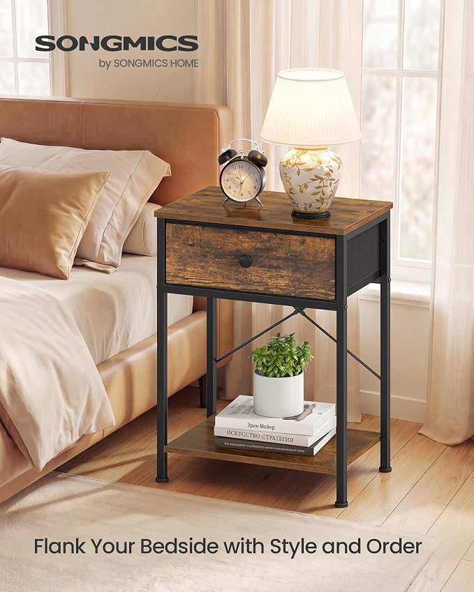 SONGMICS Bedside Table, Side End Table with Drawer, Nightstand with Lower Shelf for Bedroom, Living Room, 11.8 x 15.6 x 23.8 inches, Rustic Brown, BELLAH Collection ULGS101K101S