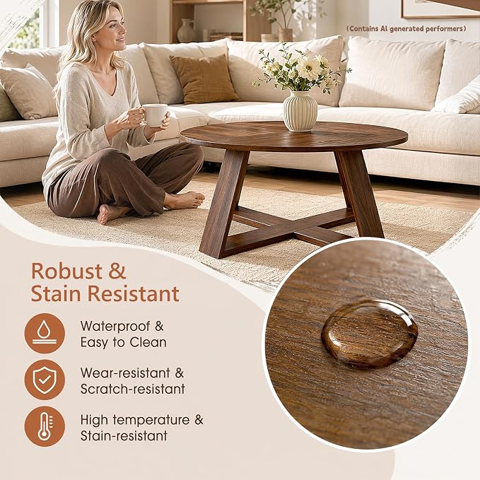 Round Coffee Table, 31.5" Modern Unique Farmhouse Coffee Table for Living Room with Walnut Wood Grain,Small Coffee Table with Open Storage, Circle Center Table with Cross Base,Rustic Brown