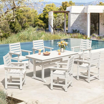 Rectangle Outdoor Dining Tables for 6, HDPS Weather Resistant Patio Dining Table, 66" Outdoor Tables with 1.96" Umbrella Hole for Porch, Balcony, Backyard, White