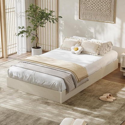 Garvee Twin XL Bed Frame, Wood Platform Bed with Fluted Design, Low Profile BedFrame, Minimalist Bed Base with Noise-Free, Easy Assembly, No Box Spring Needed, Cream