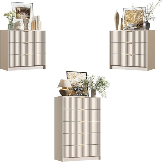 Furniway Beige Dresser Bedroom Set 3 Pieces, Nightstands Sets of 2, 5 Drawer Dresser with Gold Handles for Bedroom