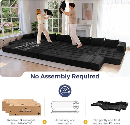 MAXYOYO Modular Sectional Sofa Couch, Foldable Oversized U Shaped Cloud Couch with Pillows, Tufted Boneless Lounger Floor Sofa Bed for Living Room, No Assembly Required, Black