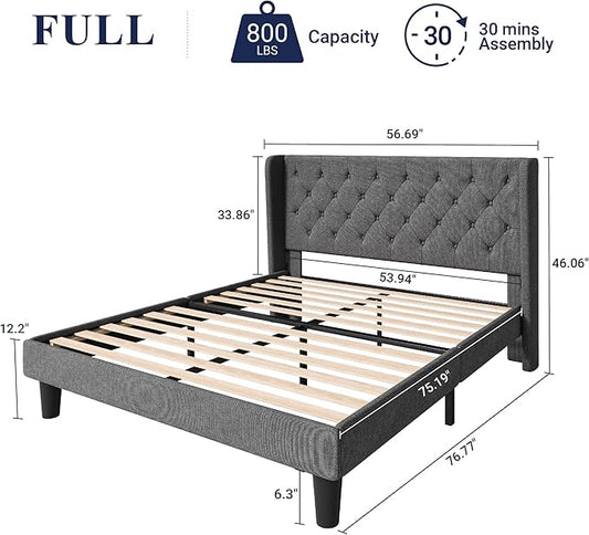 Allewie Full Size Bed Frame with Button Tufted Wingback Headboard, Modern Fabric Upholstered Platform Bed Frame with Strong Wood Slat Support, No Box Spring Needed, Easy Assembly, Dark Grey