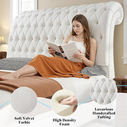 AMERLIFE 55" Tall Sleigh Bed Frame with Scroll Headboard & Footboard, Velvet Upholstered Platform Bed with Deep Button Tufted, Solid Wood Legs, No Box Spring Needed, White, Queen
