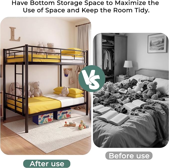 Bunk Bed Twin Over Twin, Metal Bunk Bed with Side Ladder and Safety Guardrail, Space-Saving Twin Bunk Beds for Kids, Teens & Adults, No Box Spring (Side Laddder, Black)