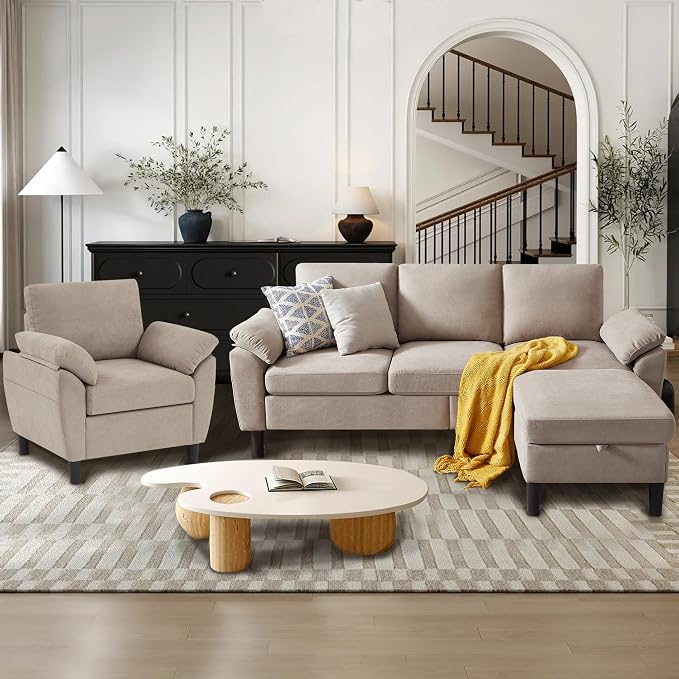 3 Piece Convertible Sectional Sofa Set, Modern Linen Small L Shaped Couch with Reversible Ottoman and Accent Chair, 3-Seat Sofa Couches for Living Room, Office, Apartment, Beige