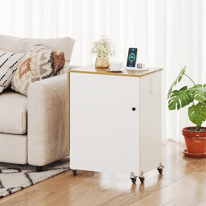 Giantex Folding Sewing Table with Charging Station, Rolling Craft Table with Storage Trays & Shelf, Foldable Sewing Machine Cabinet Desk with Lockable Wheels for Small Spaces (White & Natural)