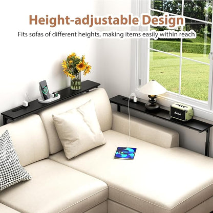 GRLEAF 2 Pack Adjustable Height Narrow Console Table with Power Outlets, 78.7" Long Sofa Table with Charging Station Behind Couch Table Skinny Entryway Table for Living Room and Hallway – Black
