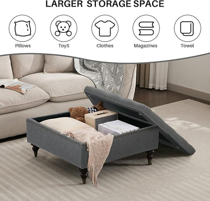 Large Square Storage Ottoman Uphlostered Tufted Button Coffee Table, Oversized Footrest Bench with Castered Rolling Wheels for Living Room, Dark Grey Linen Waterproof