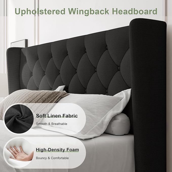 Feonase Full Size Bed Frame with Upholstered Wingback Headboard,Button Tufted Platform Bed and Heavy Duty Wooden Slats Support,Easy Assembly, Noise-Free,No Box Spring Needed, Black